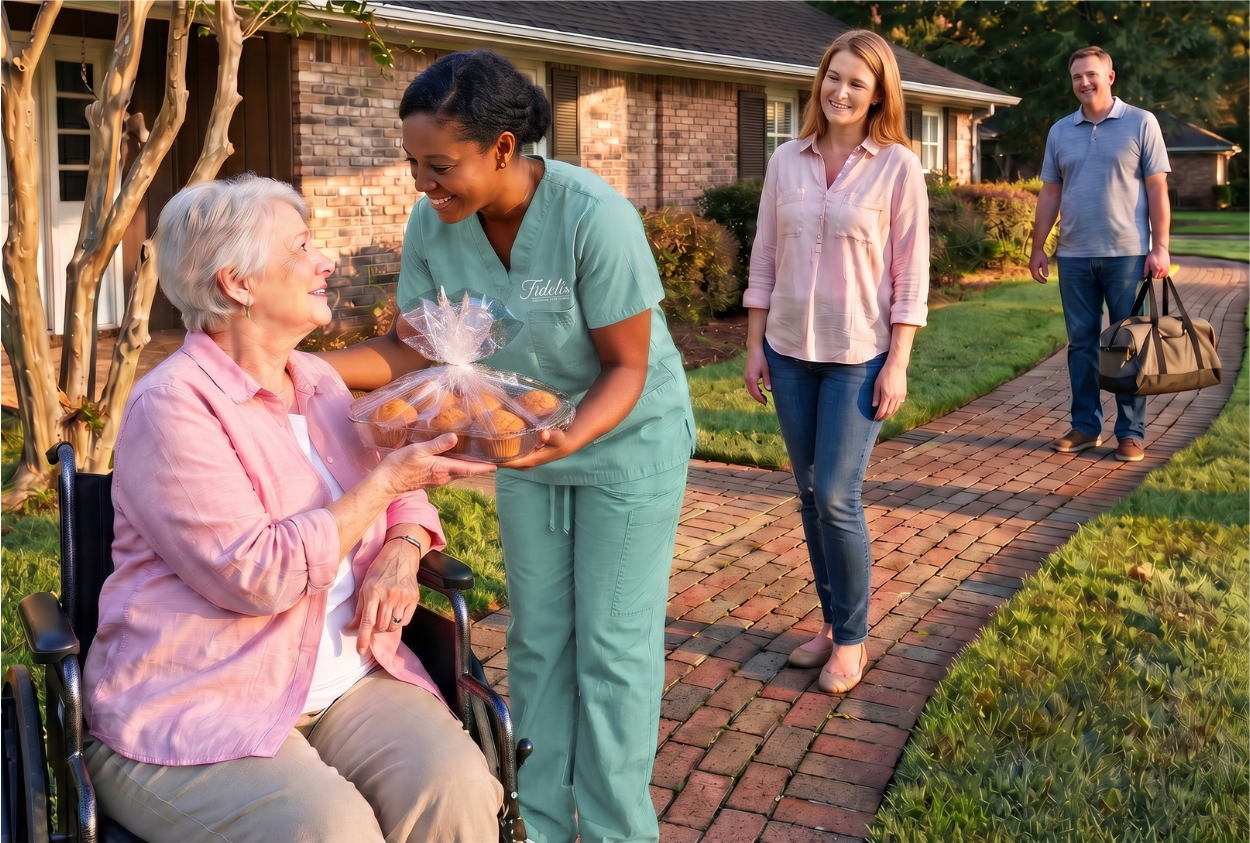 Fidelis caregiver welcoming a resident outdoors as family arrives for a visit