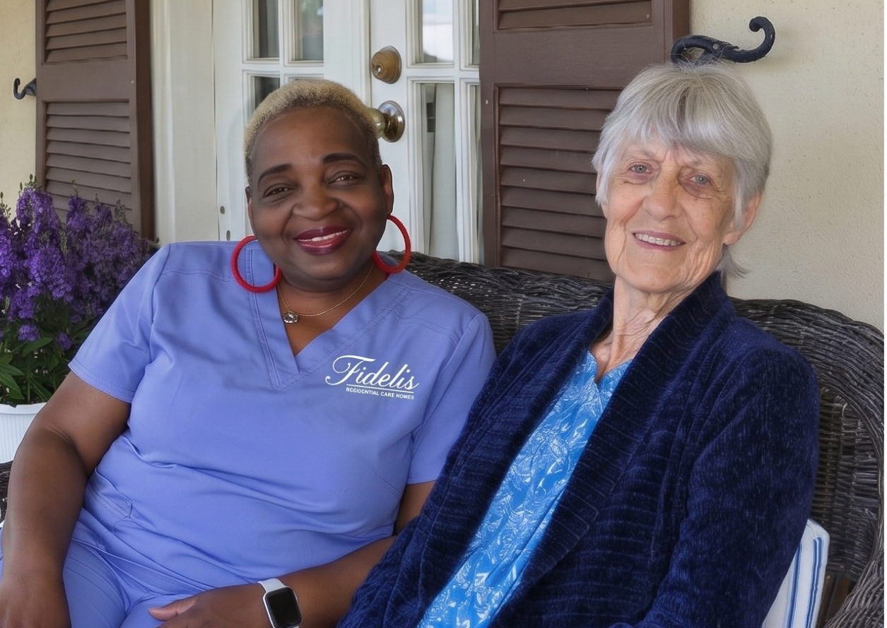 Fidelis caregiver and resident smiling together on the porch
