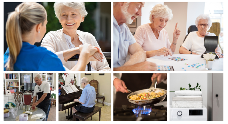 Fidelis residents and caregivers in daily life — conversation, bingo, tea, piano, home-cooked meals, and laundry care